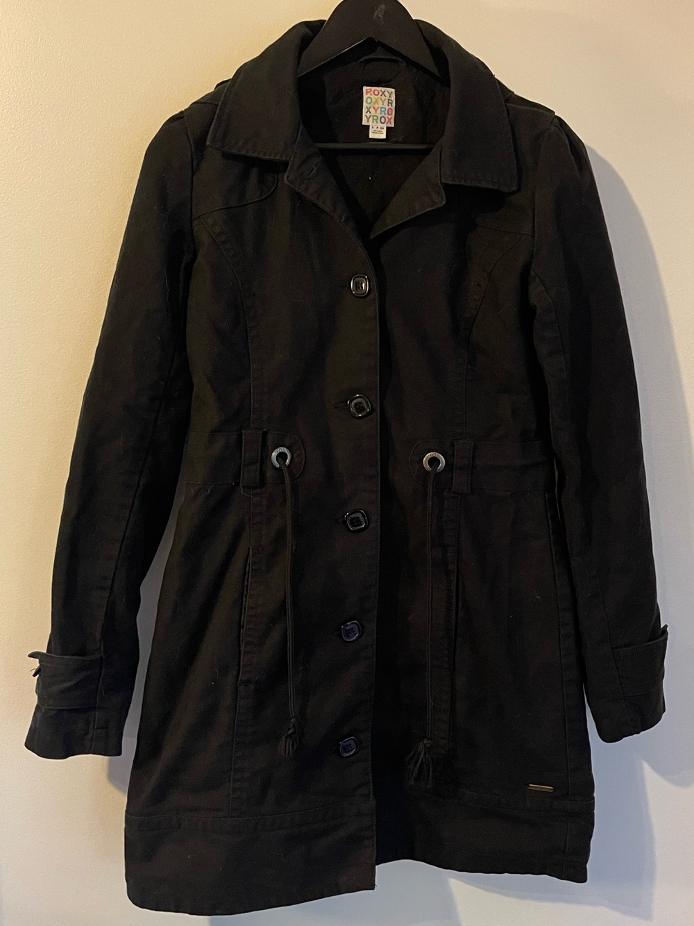 Roxy Black Cotton Canvas Hooded Trench Coat Drawstring Waist Size S